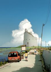 2boys alariko blue_sky castle cloud day grass highres horizon multiple_boys original power_lines road ruins scenery sign sky utility_pole water