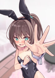 Rule 34 | 1girl, animal ears, aqua eyes, arm up, bare arms, black leotard, blurry, blurry background, blurry foreground, blush, breasts, brown hair, collarbone, covered navel, embarrassed, fake animal ears, from above, hair ornament, hair scrunchie, hand on own chest, hand up, highres, hololive, indoors, leotard, looking at viewer, looking up, natsuiro matsuri, nose blush, open mouth, outstretched arm, outstretched hand, playboy bunny, ponytail, rabbit ears, scrunchie, small breasts, solo, sweatdrop, tenjou ryuka, upper body, v-shaped eyebrows, virtual youtuber, wavy mouth, white wrist cuffs, wooden floor, wrist cuffs