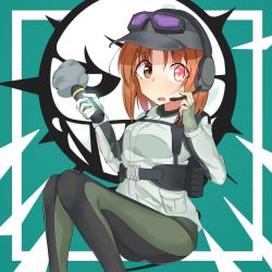 Rule 34 | 1girl, absurdres, adjusting headset, baseball cap, black hat, blush, brown eyes, brown hair, commentary, cosplay, ela (rainbow six siege), ela (rainbow six siege) (cosplay), emblem, fingerless gloves, frown, girls und panzer, gloves, glowing, glowing eye, goggles, goggles on headwear, green gloves, green pants, harness, hat, headset, highres, holding, invisible chair, jacket, jpeg artifacts, kshimu, long sleeves, looking at viewer, nishizumi miho, open mouth, pants, rainbow six siege, short hair, sitting, skin tight, smoke grenade, solo, tactical clothes, white jacket