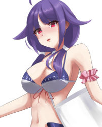 Rule 34 | 1girl, absurdres, ahoge, bag, bikini, blue bikini, breasts, enjin (windy3), hair between eyes, hair flaps, highres, holding, holding bag, kantai collection, large breasts, lips, looking at viewer, low twintails, navel, official alternate costume, purple hair, red eyes, shopping bag, solo, swimsuit, taigei (kancolle), twintails, upper body, white bikini