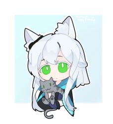 Rule 34 | 1girl, :3, animal, animal ear fluff, animal ears, arknights, black cape, blue gloves, bright pupils, cape, cat, cat ears, cat girl, clothes writing, earpiece, gloves, green eyes, grey hair, highres, holding, holding animal, holding cat, long hair, looking at viewer, rosmontis (arknights), simple background, smile, solo, split mouth, user dnhk8575, white pupils