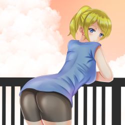 Rule 34 | 10s, 1girl, ass, ayase eli, bike shorts, blonde hair, blue eyes, blue shirt, blush, breasts, female focus, from behind, highres, leaning, leaning forward, long hair, looking at viewer, love live!, love live! school idol festival, love live! school idol project, ponytail, shirt, sideboob, sky, solo, taisai