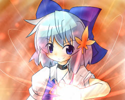 Rule 34 | 1girl, blue dress, blue eyes, blue hair, blush, bow, choker, cirno, dress, glowing, glowing hand, hair bow, hair ornament, leaf, looking at viewer, matching hair/eyes, no wings, puffy short sleeves, puffy sleeves, red ribbon, ribbon, short hair, short sleeves, smile, solo, touhou, upper body, v-shaped eyebrows, yurume atsushi