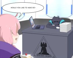 Rule 34 | 1boy, 1girl, :d, ahoge, alph (sancheck), arknights, aru (blue archive), blue archive, blue poison (arknights), cake, computer, desk, doctor (arknights), english text, food, jacket, laptop, open mouth, paper stack, pink hair, purple jacket, rhodes island logo (arknights), shaded face, sleeping, smile, speech bubble