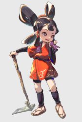 Rule 34 | 1girl, bike shorts, black hair, black shorts, brown eyes, driftingtiger, feet, full body, grey background, hair rings, highres, hoe, japanese clothes, kimono, leg warmers, long hair, open mouth, quad tails, red kimono, sakuna-hime, sandals, shorts, simple background, smile, solo, standing, tail, tensui no sakuna-hime, toes, towel, wiping, wiping face, wiping sweat
