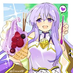 Rule 34 | 1girl, bare shoulders, breasts, circlet, dress, fire emblem, fire emblem: genealogy of the holy war, food, heart, holding, holding food, holding spoon, ice cream, ice cream cone, julia (fire emblem), long hair, medium breasts, nintendo, open mouth, pocky, purple eyes, purple hair, solo, spoken heart, spoon, yukia (firstaid0)