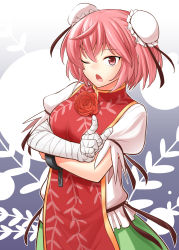 Rule 34 | 1girl, bandages, bun cover, chinese clothes, crossed arms, cuffs, double bun, flower, fuuzasa, gradient background, hair bun, highres, ibaraki kasen, index finger raised, one eye closed, open mouth, pink eyes, pink hair, puffy short sleeves, puffy sleeves, red eyes, rose, shackles, shirt, short hair, short sleeves, skirt, solo, tabard, touhou