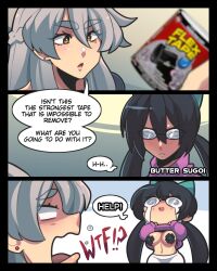 Rule 34 | 2girls, 3koma, black hair, blank eyes, bow, braid, breasts, butter sugoi, clothes lift, coke-bottle glasses, comic, covered erect nipples, cross pasties, crying, earrings, english text, eyes visible through hair, flex tape, glasses, green bow, grey hair, hair between eyes, hair bow, highres, jewelry, large breasts, mole, mole under eye, multiple girls, navel, open mouth, original, pasties, shirt lift, streaming tears, stud earrings, sweater, tape, tape on nipples, tears, thick eyebrows, turtleneck, turtleneck sweater, yellow eyes
