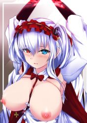 Rule 34 | 1girl, apron, armpits, arms up, azur lane, blue eyes, blush, bow, bowtie, breasts, breasts out, cleavage, dress, elbing (azur lane), elbing (the throne of misfortune) (azur lane), frilled apron, frilled hairband, frills, hair between eyes, hairband, heterochromia, large breasts, long hair, nipples, official alternate costume, red bow, red bowtie, red eyes, red hairband, solo, tetsuhige, upper body, white apron, white dress, white hair