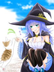 Rule 34 | 1girl, ankle boots, black robe, black thighhighs, blue footwear, blue hair, boots, breasts, cat, charlotte wraith, cleavage, cloud, cloudy sky, dress, eyebrows hidden by hair, green eyes, hair between eyes, hat, highres, holding cat teaser, large breasts, large hat, light blush, long hair, looking at animal, open mouth, robe, sheepa illust, sky, smile, solo, squatting, strapless, strapless dress, tensei kizoku kantei skill de nariagaru, thighhighs, white dress, wide sleeves, witch hat