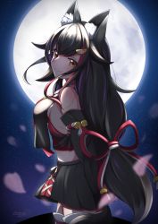 Rule 34 | 1girl, animal ear fluff, animal ears, bare shoulders, black hair, black shirt, black skirt, blush, breasts, commentary request, crop top, detached sleeves, fang, full moon, hair between eyes, hair ornament, hairclip, hashira 14, highres, hololive, long hair, looking at viewer, looking back, medium breasts, moon, multicolored hair, night, ookami mio, ookami mio (1st costume), petals, pleated skirt, red hair, shirt, sidelocks, skin fang, skirt, smile, solo, streaked hair, thighhighs, virtual youtuber, wolf ears, wolf girl, yellow eyes, zettai ryouiki
