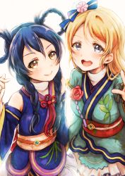 Rule 34 | 10s, 2girls, ayase eli, bare shoulders, blonde hair, blue eyes, blue hair, braid, detached sleeves, japanese clothes, kimono, lilylion26, love live!, love live! school idol festival, love live! school idol project, multiple girls, open mouth, simple background, sonoda umi, yellow eyes