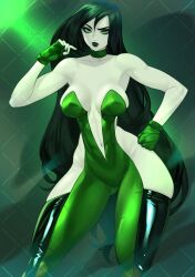 1girl alternate_costume bare_shoulders breasts choker cleavage eyeshadow fingerless_gloves gabriel_carrasquillo gloves green_choker green_eyes green_eyeshadow green_gloves green_hair highres kim_possible_(series) long_hair looking_at_viewer makeup navel pale_skin plunging_neckline shego solo