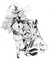 Rule 34 | 1girl, animal, bow, cat, chae 88in, cloak, cloak lift, closed mouth, commentary, dated commentary, full body, glasses, greyscale, hat, hat bow, highres, holding, holding lantern, lantern, long hair, long sleeves, looking at animal, looking down, miniskirt, monochrome, original, outstretched arm, pleated skirt, shoes, simple background, skirt, smile, socks, standing, very long hair, witch, witch hat