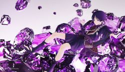 Rule 34 | 1boy, arm armor, artist name, belt, black shirt, black shorts, chinikuniku, closed mouth, crystal, dated, gem, genshin impact, gold, gradient background, hand up, highres, holding, holding gem, jewelry, looking to the side, mandarin collar, mitsudomoe (shape), necklace, no headwear, pom pom (clothes), purple background, purple belt, purple eyes, purple footwear, purple gemstone, purple hair, purple socks, purple theme, sandals, scaramouche (genshin impact), shirt, short hair, short sleeves, shorts, socks, solo, tomoe (symbol), white background
