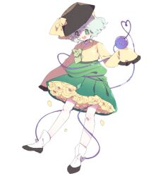 Rule 34 | 1girl, arm at side, bare legs, black footwear, black hat, blouse, eyeball, falling petals, flower, frilled skirt, frilled sleeves, frills, full body, green eyes, green skirt, hands up, hat, hat ribbon, heart, heart of string, high-waist skirt, highres, komeiji koishi, light green hair, long sleeves, looking at viewer, moka (0w0 mk 0w0), open mouth, petals, ribbon, shirt, shoes, short hair, simple background, skirt, sleeves past fingers, sleeves past wrists, smile, solo, standing, standing on one leg, tachi-e, third eye, touhou, two-tone footwear, wavy hair, white background, white footwear, wide sleeves, yellow flower, yellow ribbon, yellow shirt
