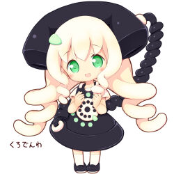 Rule 34 | 1girl, :d, aikei ake, black dress, black footwear, blonde hair, blush, chibi, commentary request, corded phone, dress, full body, green eyes, hands up, highres, loafers, long hair, looking at viewer, open mouth, original, personification, phone, shirt, shoes, short sleeves, simple background, sleeveless, sleeveless dress, smile, socks, solo, translation request, very long hair, white background, white shirt, white socks