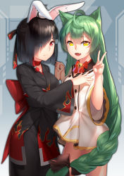 Rule 34 | 2girls, ahoge, akashi (azur lane), animal ears, azur lane, black hair, blunt bangs, bottomless, braid, cat ears, commentary request, fang, green hair, gt-apex, hair over one eye, hand on another&#039;s chest, highres, holding hands, japanese clothes, kimono, long hair, looking at viewer, multiple girls, obi, open mouth, rabbit ears, red eyes, sash, shiranui (azur lane), smile, v, very long hair, wide sleeves, yellow eyes