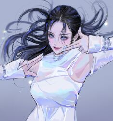 Rule 34 | 1girl, aespa, blue nails, blush, bracelet, breasts, commentary, dancing, detached sleeves, dress, earrings, english commentary, floating hair, grey background, hair behind ear, head tilt, highres, jewelry, k-pop, karina (aespa), light particles, long hair, looking at viewer, medium breasts, mole, mole under mouth, multiple rings, nail polish, necklace, real life, ring, sleeveless, sleeveless dress, smile, solo, white dress, yutoy (gravity11 )