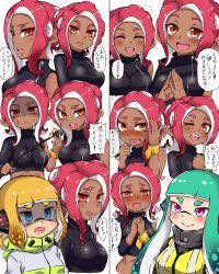 Rule 34 | 3girls, ;d, agent 3 (splatoon), agent 4 (splatoon), agent 8 (splatoon), anger vein, asymmetrical sleeves, black shirt, blouse, blunt bangs, blush, bracelet, closed eyes, closed mouth, commentary, dark-skinned female, dark skin, disgust, empty eyes, fingers together, flying sweatdrops, frown, green hair, half-closed eyes, hand in own hair, headgear, heart, heart-shaped pupils, highres, holding, inkling, inkling girl, inkling player character, interlocked fingers, jacket, jewelry, long hair, looking at another, medium hair, midriff, multiple girls, nintendo, octoling, octoling girl, octoling player character, one eye closed, open mouth, orange hair, own hands together, penguin maru (penginmaru), pointy ears, purple eyes, red eyes, red hair, riding crop, shaded face, shirt, short hair, smile, splatoon (series), splatoon 1, splatoon 2, splatoon 2: octo expansion, squidbeak splatoon, standing, suction cups, sweatdrop, symbol-shaped pupils, tentacle hair, translated, turtleneck, uneven sleeves, vest, yellow jacket, yellow vest