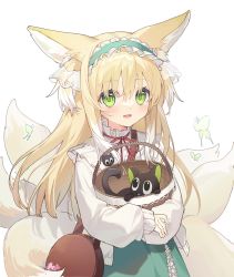Rule 34 | 1girl, :d, animal, animal ear fluff, animal ears, arknights, bag, basket, black cat, blonde hair, cat, commentary request, fox ears, fox girl, fox tail, frilled hairband, frills, green hairband, green skirt, hair between eyes, hairband, highres, jacket, long hair, long sleeves, looking at viewer, luo xiaohei zhanji, multicolored hair, neck ribbon, hugging object, open clothes, open jacket, open mouth, puffy long sleeves, puffy sleeves, red ribbon, ribbon, shirt, shoulder bag, simple background, skirt, sleeves past wrists, smile, solo, suzuran (arknights), suzuran (spring praise) (arknights), tail, two-tone hair, two side up, very long hair, white background, white hair, white jacket, white shirt, yunweishukuang