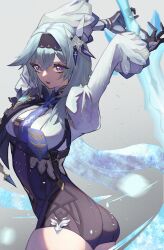 Rule 34 | 1girl, absurdres, arms up, ass, bending, black hairband, blue cape, blue gloves, blue necktie, breasts, cape, chest harness, cowboy shot, crystal sword, eula (genshin impact), film grain, floating, floating object, floating sword, floating weapon, genshin impact, gloves, greatsword, grey background, hair between eyes, hair ornament, hairband, hands up, harness, high-waist shorts, highres, juliet sleeves, killert 0401, light particles, long sleeves, looking at viewer, medium breasts, medium hair, necktie, open mouth, puffy sleeves, purple eyes, shorts, side cape, sidelocks, solo, sword, vision (genshin impact), weapon, white sleeves, wide sleeves