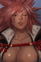 Rule 34 | 1girl, arc system works, baiken, big hair, black jacket, black kimono, breasts, cleavage, facial tattoo, guilty gear, guilty gear xrd, highres, jacket, japanese clothes, kimono, large breasts, long hair, looking at viewer, multicolored clothes, multicolored kimono, one-eyed, open clothes, open kimono, parted lips, pink hair, ponytail, portrait, red eyes, rope, scar, scar across eye, scar on face, soffa, tattoo, white kimono