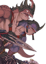 Rule 34 | 1boy, bakool ja ja, blank eyes, chest harness, collarbone, cowboy shot, fake horns, final fantasy, final fantasy xiv, from side, furry, furry male, harness, helmet, highres, holding, holding sword, holding weapon, horned helmet, horns, lizard tail, male focus, mamool ja, multiple heads, muscular, muscular male, open mouth, reitomo, reptile boy, sharp teeth, simple background, solo, sword, tail, teeth, weapon, white background