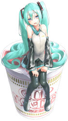 Rule 34 | 1girl, aqua hair, aqua nails, aqua necktie, bad id, bad pixiv id, bare shoulders, black skirt, black sleeves, black thighhighs, blue eyes, commentary, detached sleeves, drooling, flat chest, full body, grey shirt, hair ornament, half-closed eyes, hands on own thighs, hatsune miku, headphones, highres, long hair, looking at viewer, nail polish, necktie, nissin cup noodle, noodle stopper, open mouth, rsk (tbhono), shirt, sitting, skirt, sleeveless, sleeveless shirt, solo, thighhighs, twintails, very long hair, vocaloid, white background, zettai ryouiki
