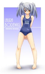 Rule 34 | 10s, 1girl, arms behind back, artist request, barefoot, blue background, blue one-piece swimsuit, blue school swimsuit, blush, breasts, character name, check artist, collarbone, copyright name, dot nose, female focus, fingers together, framed, gradient background, grey hair, hair between eyes, heterochromia, highres, infinite stratos, laura bodewig, looking at viewer, mao9721, mao (6r), name tag, no eyepatch, old school swimsuit, one-piece swimsuit, red eyes, school swimsuit, simple background, solo, standing, swimsuit, toes, twintails, yellow eyes