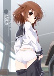 Rule 34 | 1girl, artist name, ass, black sailor collar, black skirt, black thighhighs, brown eyes, brown hair, character name, commentary request, cowboy shot, desk, from behind, from below, hair ornament, hairclip, highres, ikazuchi (kancolle), inaba shiki, indoors, kantai collection, looking at viewer, looking back, neckerchief, panties, pleated skirt, red neckerchief, sailor collar, school desk, school uniform, serafuku, short hair, skirt, unworn skirt, solo, standing, thighhighs, underwear, white panties