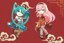 Rule 34 | 2girls, aqua dress, aqua eyes, aqua hair, arm up, blue eyes, blush, brown thighhighs, chibi, china dress, chinese clothes, cleavage cutout, closed mouth, clothing cutout, dress, fishnet thighhighs, fishnets, full body, gradient dress, hair between eyes, hatsune miku, knees together feet apart, kougyoku (module), long hair, looking at viewer, megurine luka, multiple girls, pink hair, project diva (series), red background, red dress, sleeveless, sleeveless dress, smile, standing, standing on one leg, suigyoku (module), thighhighs, tomiro, twintails, very long hair, vocaloid, world&#039;s end dancehall (vocaloid)
