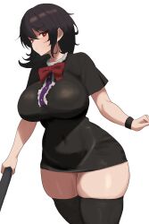 Rule 34 | 1girl, absurdres, alternate breast size, black dress, black hair, black thighhighs, black wristband, bow, bowtie, breasts, bright pupils, center frills, commentary request, covered navel, dated commentary, dress, frills, highres, houjuu nue, large breasts, looking at viewer, medium hair, moriforest1040, no wings, red bow, red bowtie, red eyes, short sleeves, simple background, skindentation, solo, thick thighs, thighhighs, thighs, touhou, white background, white pupils, zettai ryouiki