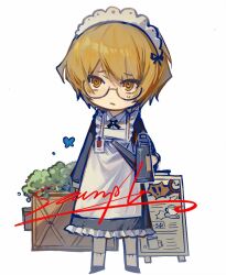 Rule 34 | 1boy, apron, blonde hair, bug, butterfly, chibi, cross tie, full body, g7cdpdto2i6hot6, glasses, holding, holding watering can, id card, insect, limbus company, maid, maid headdress, menu board, parted lips, plant, potted plant, project moon, sample watermark, simple background, sinclair (project moon), socks, solo, sweat, watering can, watermark, white apron, white background, white socks, yellow eyes