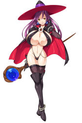 Rule 34 | 1girl, areola slip, black thighhighs, boots, breasts, cape, cleavage, crossed legs, curvy, earrings, elbow gloves, full body, gloves, hat, huge breasts, jewelry, long hair, looking at viewer, purple hair, revealing clothes, simple background, slingshot swimsuit, smash daisaku, solo, staff, standing, swimsuit, thigh boots, thigh gap, thighhighs, thighhighs under boots, watson cross, white background, witch hat, yellow eyes