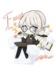 Rule 34 | 1girl, absurdres, apron, black-framed eyewear, blue eyes, brown apron, cake, chibi, collared shirt, faust (project moon), food, glasses, green shirt, highres, holding, holding plate, holding tray, limbus company, looking at viewer, necktie, plate, project moon, relele, round eyewear, shirt, short hair, simple background, solo, sugar cube, teapot, tray, white background, white hair, yellow necktie
