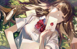 Rule 34 | 1girl, absurdres, bow, bowtie, brown eyes, brown hair, buttons, closed mouth, collared shirt, commentary request, dutch angle, falling petals, grass, highres, holding, holding letter, instrument, karasuro, letter, long hair, looking at viewer, lying, noise, notebook, on back, original, pencil, petals, red bow, red bowtie, school uniform, shirt, short sleeves, smile, solo, string, string of fate, trumpet, upper body, white shirt