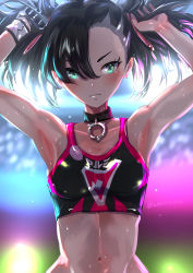 Rule 34 | &gt;:), 1girl, adjusting hair, aqua eyes, armpits, arms up, backlighting, black choker, black gloves, blurry, blurry background, blush, breasts, choker, closed mouth, collarbone, creatures (company), crop top, depth of field, earrings, game freak, gloves, hair over one eye, highres, jewelry, looking at viewer, marnie (pokemon), midriff, navel, nintendo, pokemon, pokemon swsh, shiny skin, short hair, short twintails, single earring, single glove, sleeveless, small breasts, smile, solo, standing, stomach, sweat, twintails, twitter username, uenoryoma, upper body, v-shaped eyebrows