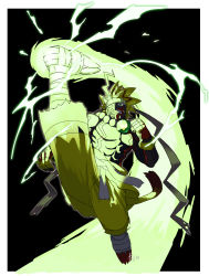 Rule 34 | 1boy, abs, artist name, artist request, attack, aura, black background, blonde hair, boutmon, clenched hands, clenched teeth, digimon, digimon (creature), electricity, energy, fingerless gloves, flying kick, gloves, glowing, green eyes, highres, jumping, kicking, looking at viewer, manly, monster boy, multicolored hair, muscular, pectorals, sharp teeth, simple background, spiked hair, standing, teeth, two-tone hair