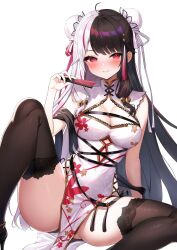 Rule 34 | 1girl, ahoge, bell, black hair, black thighhighs, blush, breasts, chinese clothes, cleavage, double bun, feet out of frame, folding fan, hair bell, hair bun, hair ornament, hand fan, high heels, highres, holding, holding fan, jingle bell, knee up, lace, lace-trimmed legwear, lace trim, large breasts, long hair, looking at viewer, medium breasts, multicolored hair, nijisanji, parted lips, pelvic curtain, red eyes, simple background, sitting, smile, solo, split-color hair, spread legs, thighhighs, two-tone hair, very long hair, virtual youtuber, white background, white hair, yorumi rena, yorumi rena (10th costume), yotsugi