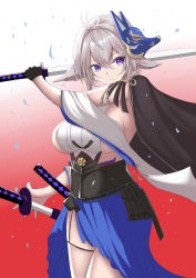 Rule 34 | 1girl, absurdres, azur lane, bad id, bad pixiv id, black gloves, breasts, cosplay, gloves, grey hair, highres, holding, holding sword, holding weapon, katana, kigurumi, large breasts, looking at viewer, mask, mask on head, medium hair, purple eyes, simple background, single glove, solo, standing, sword, tosa (azur lane), weapon, zhl-