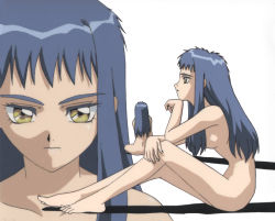 Rule 34 | 1990s (style), barefoot, blue hair, from side, head rest, long hair, multiple views, neo ranga, nude, official art, retro artstyle, shimabara yuuhi, simple background, sitting, white background, yellow eyes