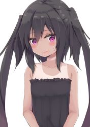Rule 34 | 1girl, absurdres, amano kouki, bare arms, bare shoulders, black dress, black hair, blush, collarbone, dress, frilled dress, frills, hair between eyes, highres, long hair, looking at viewer, note-chan, open mouth, original, purple eyes, simple background, solo, strapless, strapless dress, sweat, tan, tanline, twintails, very long hair, white background