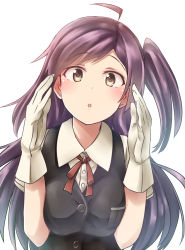Rule 34 | 10s, 1girl, :o, ahoge, blouse, blush, breasts, bright background, brown eyes, female focus, gloves, hagikaze (kancolle), highres, kamelie, kantai collection, large breasts, long hair, looking at viewer, neck ribbon, open mouth, purple hair, ribbon, school uniform, shirt, short sleeves, side ponytail, solo, upper body, vest, white gloves, yellow eyes
