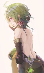 Rule 34 | 110051132, 1girl, absurdres, backless outfit, bare shoulders, chinese commentary, collei (genshin impact), commentary request, detached sleeves, earrings, from behind, genshin impact, green hair, hand on own head, highres, jewelry, long sleeves, looking at viewer, parted lips, purple eyes, short hair, simple background, solo, upper body, vision (genshin impact), white background