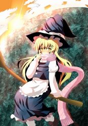 Rule 34 | 1girl, blonde hair, blush, broom, female focus, hat, kirisame marisa, long hair, perfect cherry blossom, scarf, solo, sukage, touhou, witch, witch hat, yellow eyes
