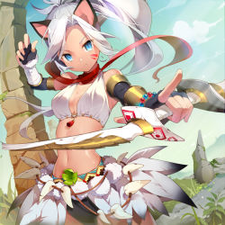 Rule 34 | 1girl, animal ears, blue eyes, bow (weapon), breasts, cat ears, cleavage, elbow gloves, facial mark, fingerless gloves, gate of dimension, gilse, gloves, halterneck, looking at viewer, navel, pointing, ponytail, shiny skin, silver hair, solo, weapon