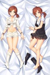 Rule 34 | 1girl, barefoot, black eyes, black footwear, blush, boots, unworn boots, bracelet, breasts, brown hair, cleavage, collarbone, commentary, commission, dakimakura (medium), english commentary, groin, highres, jacket, jewelry, large breasts, looking at viewer, lying, midriff, multiple views, navel, on back, original, short ponytail, shorts, skirt, smile, thigh gap, toes, tonee, white footwear