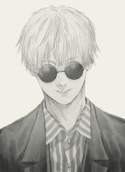 1boy absurdres casual commentary_request gojou_satoru greyscale highres jacket jujutsu_kaisen male_focus monochrome portrait round_eyewear shirt smile solo striped_clothes striped_shirt sunglasses tom-box