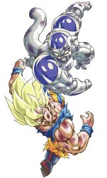 Rule 34 | 1990s (style), 2boys, absurdres, alien, angry, artist request, battle, battle damage, blonde hair, blood, dragon ball, dragonball z, emphasis lines, fighting, frieza, highres, injury, looking at another, motion lines, multiple boys, muscular, no humans, parody, punching, red eyes, retro artstyle, simple background, son goku, spiked hair, super saiyan, super saiyan 1, tail, toriyama akira (style), torn clothes, trembling, white background